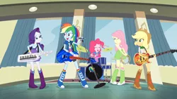 Size: 1366x768 | Tagged: safe, derpibooru import, screencap, applejack, fluttershy, pinkie pie, rainbow dash, rarity, equestria girls, rainbow rocks, bass guitar, boots, bracelet, clothes, cowboy boots, curtains, drum kit, drums, drumsticks, guitar, high heel boots, humane five, jewelry, keytar, microphone, musical instrument, skirt, socks, tambourine, the rainbooms