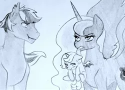 Size: 1600x1152 | Tagged: safe, artist:kianamai, derpibooru import, princess luna, oc, oc:princess nidra, oc:supernova, alicorn, bat pony, pony, kilalaverse, alicorn oc, canon x oc, family, female, filly, foal, monochrome, mother and daughter, mouth hold, next generation, offspring, parent:oc:supernova, parent:princess luna, parents:canon x oc, pencil drawing, pouting, scruff, shipping, story included, traditional art