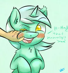 Size: 1200x1300 | Tagged: artist:wolfy-pony, blushing, cheek pinch, chest fluff, cute, derpibooru import, disembodied hand, ear fluff, hand, lyrabetes, lyra heartstrings, offscreen character, offscreen human, pinch, safe, shoulder fluff