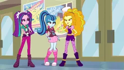 Size: 1366x768 | Tagged: safe, derpibooru import, screencap, adagio dazzle, aria blaze, sonata dusk, equestria girls, rainbow rocks, crossed arms, eyebrows, looking down, poster, the dazzlings, unamused