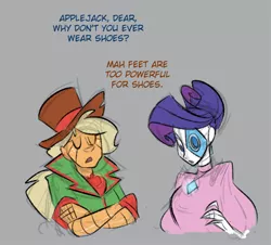 Size: 500x451 | Tagged: applejack, artificial intelligence, artist:egophiliac, barefoot, clothes, derpibooru import, duo, gray background, hat, humanized, rarity, robot, safe, simple background, steampunk, steamquestria