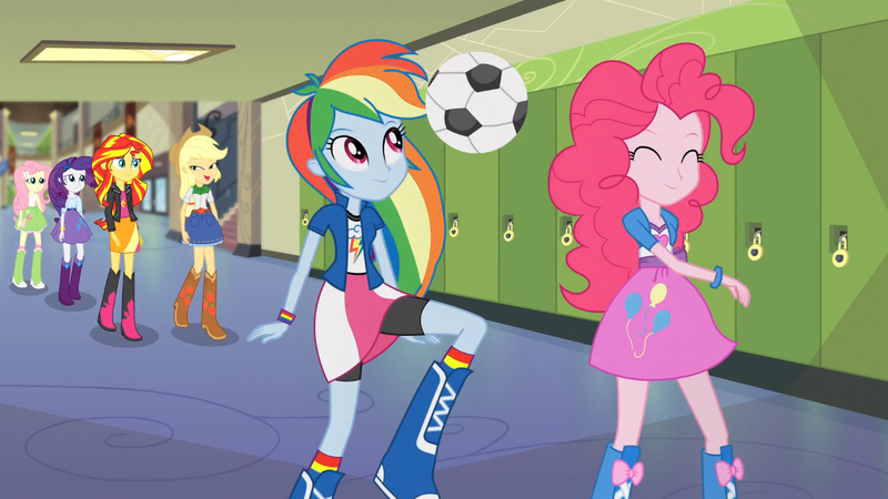 Size: 1366x768 | Tagged: safe, derpibooru import, screencap, applejack, fluttershy, pinkie pie, rainbow dash, rarity, sunset shimmer, equestria girls, rainbow rocks, boots, bouncing, football, frown, hall, high heel boots, humane five, humane six, jumping, mane six