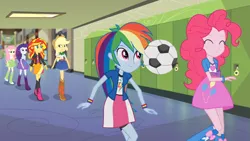 Size: 1366x768 | Tagged: safe, derpibooru import, screencap, applejack, fluttershy, pinkie pie, rainbow dash, rarity, sunset shimmer, equestria girls, rainbow rocks, balloon, boots, bouncing, bracelet, clothes, cowboy boots, football, frown, hall, high heel boots, humane five, humane six, jewelry, jumping, mane six, skirt