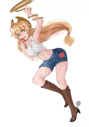 Size: 1000x1419 | Tagged: apple, applejack, artist:looooofa, belly button, clothes, daisy dukes, derpibooru import, front knot midriff, human, humanized, lasso, midriff, pixiv, safe, solo