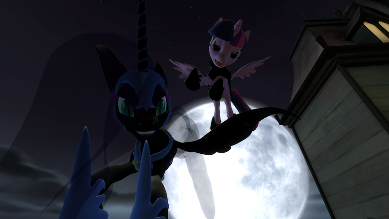 Size: 1366x768 | Tagged: safe, artist:juu50x, derpibooru import, nightmare moon, twilight sparkle, twilight sparkle (alicorn), alicorn, pony, 3d, couple, dark twilight sparkle, female, gmod, halloween, lesbian, map, moon, moonlight, nightmare night, shipping, team fortress 2, twimoon