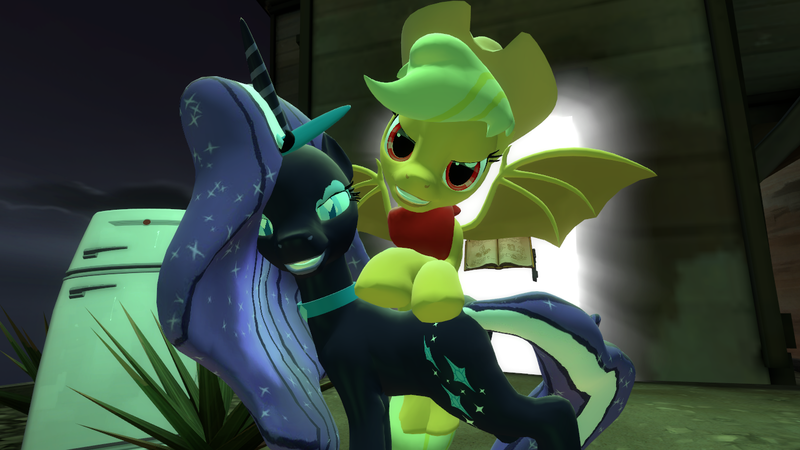 Size: 1366x768 | Tagged: safe, artist:juu50x, derpibooru import, applejack, nightmare rarity, bat pony, pony, unicorn, vampire, 3d, applebat, couple, female, gmod, halloween, lesbian, map, nightmare night, nightmare rarijack, portal, rarijack, shipping, spellbook, team fortress 2