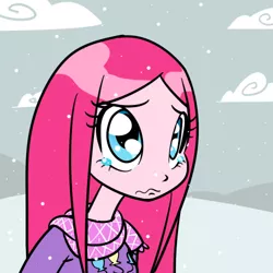 Size: 500x500 | Tagged: safe, artist:reiduran, derpibooru import, pinkie pie, equestria girls, clothes, crying, pinkamena diane pie, sad, scarf, snow, snowfall, solo