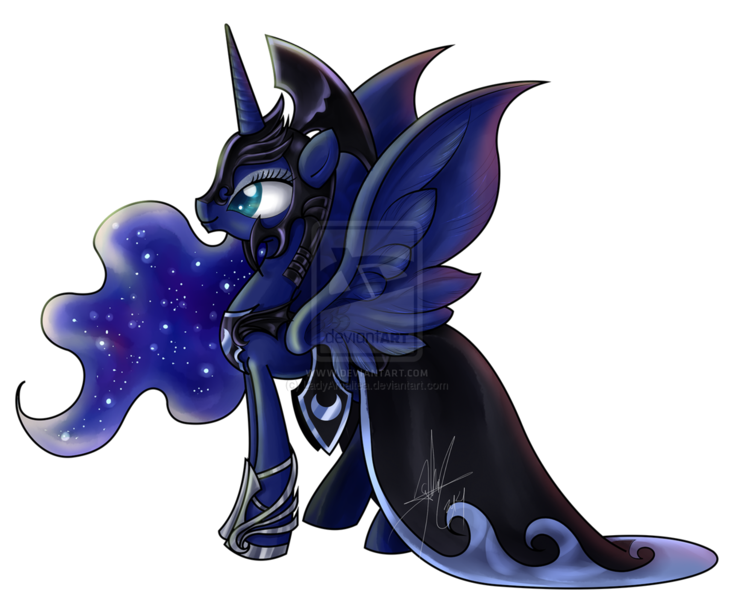 Size: 1280x1047 | Tagged: dead source, safe, artist:ladyamaltea, derpibooru import, princess luna, alicorn, pony, armor, deviantart watermark, female, helmet, mare, obtrusive watermark, solo, spread wings, watermark