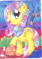 Size: 504x700 | Tagged: artist:nunitko, derpibooru import, flower in hair, fluttershy, nightmare night, safe, solo, traditional art, unshorn fetlocks