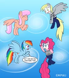 Size: 886x1000 | Tagged: safe, artist:empyu, derpibooru import, derpy hooves, pinkie pie, rainbow dash, pegasus, pony, female, flying, in which pinkie pie forgets how to gravity, mare, mime, pantomime, pinkie being pinkie, pinkie physics