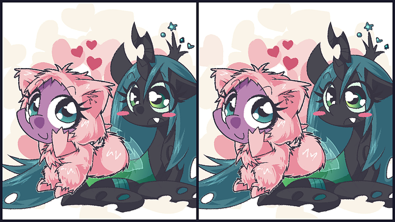 Size: 1280x720 | Tagged: artist:panyang-panyang, chryspike, clothes, costume, derpibooru import, female, heart, male, prone, queen chrysalis, safe, shipping, spike, spot the difference, straight