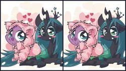 Size: 1280x720 | Tagged: artist:panyang-panyang, chryspike, clothes, costume, derpibooru import, female, heart, male, prone, queen chrysalis, safe, shipping, spike, spot the difference, straight