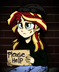 Size: 2315x2809 | Tagged: artist:catfood-mcfly, beanie, begging, clothes, drawthread, hat, homeless, human, humanized, jeans, poverty, reality ensues, sad, safe, sign, sunsad shimmer, sunset shimmer, sweater, toque