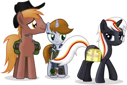Size: 4252x2863 | Tagged: safe, artist:vector-brony, derpibooru import, oc, oc:calamity, oc:littlepip, oc:velvet remedy, unofficial characters only, pegasus, pony, unicorn, fallout equestria, fanfic, battle saddle, bedroom eyes, clothes, cowboy hat, dashite, eyes on the prize, fanfic art, female, fluttershy medical saddlebag, gun, hat, hooves, horn, lesbian, male, mare, medical saddlebag, pipbuck, rifle, saddle bag, simple background, smiling, stallion, transparent background, vault suit, velamity, weapon, wings