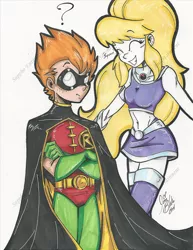 Size: 1024x1325 | Tagged: artist:ponygoddess, belly button, cape, clothes, cosplay, dannyprise, danny williams, g1, human, humanized, mask, midriff, question mark, robin, safe, scott menville, squee, starfire, surprise, teen titans, voice actor joke