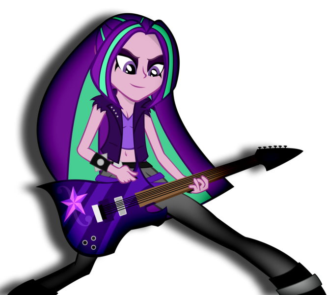 Size: 3702x3337 | Tagged: safe, artist:alexandru1208, derpibooru import, aria blaze, equestria girls, alternate costumes, alternate hairstyle, belly button, cleavage, face paint, female, guitar, loose hair, midriff, rocking, solo