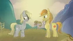 Size: 1920x1080 | Tagged: safe, artist:asluc96, derpibooru import, braeburn, derpy hooves, pegasus, pony, bandage, derpyburn, eyepatch, fanfic art, female, male, mare, shipping, straight