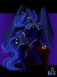 Size: 3624x4907 | Tagged: suggestive, artist:longinius, derpibooru import, princess luna, alicorn, pony, semi-anthro, series:rarity's secret, absurd resolution, amulet, beautiful, bedroom eyes, bipedal leaning, clothes, corset, ethereal mane, female, flowing mane, grin, hair ornament, hoof shoes, jewelry, lingerie, looking at you, raised hoof, raised leg, seductive look, seductive pose, smiling, solo, solo female, spread wings, starry mane, stupid sexy luna, thigh highs
