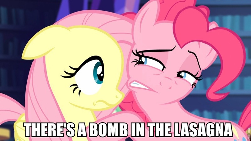 Size: 960x540 | Tagged: safe, derpibooru import, screencap, fluttershy, pinkie pie, equestria girls, rainbow rocks, bomb, doug, doug funnie, image macro, lasagna, meme