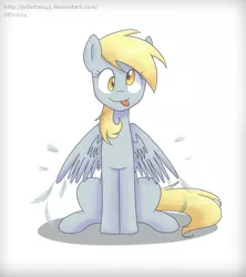 Size: 1024x1155 | Tagged: safe, artist:jayivee, derpibooru import, derpy hooves, pegasus, pony, :p, feather, female, looking at you, mare, simple background, sitting, solo, tongue out