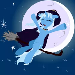 Size: 8000x8000 | Tagged: safe, artist:misterkaito, derpibooru import, trixie, pony, unicorn, absurd resolution, broom, eyes closed, female, flying, flying broomstick, full moon, hat, mare, moon, night, night sky, open mouth, sitting, smiling, stars, witch, witch hat