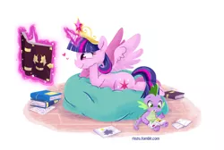 Size: 1000x670 | Tagged: safe, artist:rinzu, derpibooru import, spike, twilight sparkle, twilight sparkle (alicorn), alicorn, pony, journal of the two sisters, beanbag, big crown thingy, book, female, mare