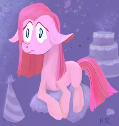 Size: 2216x2344 | Tagged: safe, artist:hereticalrants, derpibooru import, pinkie pie, earth pony, pony, floppy ears, hat, party hat, pinkamena diane pie, prone, sad, solo, style emulation