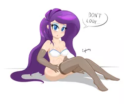 Size: 2353x1967 | Tagged: artist:thebrokencog, blue eyes, blushing, bottomless, bra, breasts, cleavage, clothes, embarrassed, embarrassed nude exposure, female, frilly underwear, gloves, human, humanized, nudity, partial nudity, purple hair, rarity, sitting, solo, solo female, stocking feet, stockings, suggestive, thigh highs, underwear, very long hair
