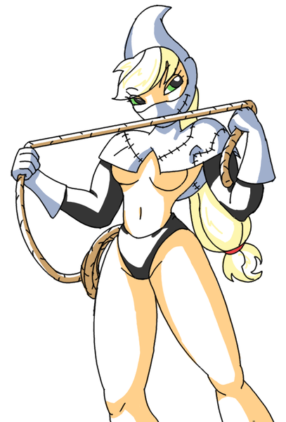 Size: 543x800 | Tagged: applebucking thighs, applejack, artist:nightwryte, bedroom eyes, belly button, breasts, candlejack, cleavage, clothes, costume, derpibooru import, female, freakazoid, human, humanized, minimalist, rope, suggestive, underboob