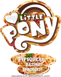 Size: 1515x1925 | Tagged: artist:sasukex125, edit, logo, logo edit, logo parody, pipsqueak, pipsqueak eating spaghetti, safe, spaghetti scene