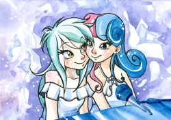 Size: 1200x842 | Tagged: safe, artist:paulina-ap, derpibooru import, bon bon, lyra heartstrings, sweetie drops, human, equestria girls, rainbow rocks, adorabon, cheek squish, cute, drawing, female, humanized, lesbian, lyrabetes, lyrabon, microphone, piano, shipping, sweet lyres, traditional art, watercolor painting