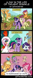 Size: 850x2000 | Tagged: safe, artist:drawponies, derpibooru import, applejack, fluttershy, pinkie pie, rainbow dash, rarity, scootaloo, spike, twilight sparkle, twilight sparkle (alicorn), alicorn, pony, animal costume, chicken pie, chicken suit, clothes, comic, costume, female, i'm surrounded by idiots, mane seven, mane six, mare, rainbow crash, scootaloo can fly, silly, silly pony, the lion king