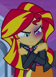 Size: 523x720 | Tagged: semi-grimdark, derpibooru import, edit, sunset shimmer, equestria girls, abuse, abuse edit, black eye, crying, domestic abuse, edgy, eqg abuse edits, female, sad, shimmerbuse, solo