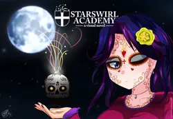 Size: 2000x1380 | Tagged: artist:yunguy1, crossover, derpibooru import, dia de los muertos, magenta dress, makeup, night, rarity, rosalyn montgomery, safe, skull, solo, starswirl academy, the book of life