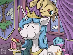 Size: 2048x1536 | Tagged: safe, artist:exedrus, derpibooru import, princess celestia, :p, cake, cakelestia, chewing, crown, eating, eyes closed, happy, indoors, puffy cheeks, regalia, smiling, stealing, tongue out, underhoof, upside down
