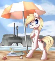 Size: 2236x2460 | Tagged: safe, artist:aryanne, derpibooru import, oc, oc:aryanne, unofficial characters only, earth pony, pony, starfish, artistic nudity, beach, bikini, bikini bottom, bipedal, blonde, blushing, book, chest fluff, cliff, clothes, cloud, cloudy, cute, ear fluff, female, heart, lemonade, looking at you, mare, navy, nazi, open mouth, smiling, soldat, solo, starry eyes, submarine, sunscreen, sunshine, swastika, swimsuit, towel, u-boat