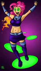 Size: 677x1179 | Tagged: artist:chillguydraws, belly button, clothes, cosplay, crossover, derpibooru import, glowing eyes, human, humanized, midriff, pinkie pie, safe, skirt, solo, starfire, teen titans