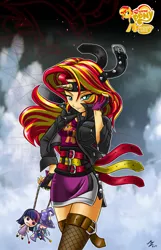 Size: 1030x1600 | Tagged: safe, artist:mauroz, derpibooru import, sunset shimmer, trixie, twilight sparkle, human, equestria girls, belts, clothes, fake horn, humanized, my little pony logo, solo, voodoo doll