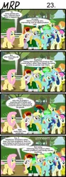 Size: 800x2153 | Tagged: safe, artist:umneem, derpibooru import, apple fritter, bon bon, carrot top, derpy hooves, fluttershy, golden harvest, lyra heartstrings, rainbow dash, sweetie drops, oc, oc:dispersion, earth pony, pegasus, pony, unicorn, comic:my rational pony, apple family member, comic, crowd, female, mare, public service announcement, sweet apple acres