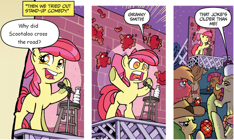 Size: 940x565 | Tagged: safe, derpibooru import, edit, idw, apple bloom, apple fritter, applejack, babs seed, big macintosh, granny smith, earth pony, pony, friends forever, spoiler:comic, spoiler:comicff2, apple, apple bloom's bad joke, brick wall, exploitable, exploitable meme, image macro, male, meme, microphone, scootachicken, stage, stallion, stand-up comedy, stool, water bottle