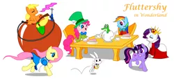 Size: 1200x546 | Tagged: alice, alice in wonderland, angel bunny, applejack, artist:montecreations, bowtie, cake, caterpillar, chair, chase, cheshire cat, clothes, costume, crossover, crown, cup, derpibooru import, dormouse, dress, eyes closed, fanmake, fluttershy, fruit, gummy, hat, hookah, mad hatter, mane six, march hare, pinkie pie, queen of hearts, rainbow dash, rarity, running, safe, sitting, table, tea, teacup, tea party, teapot, top hat, twilight sparkle, watch, white rabbit