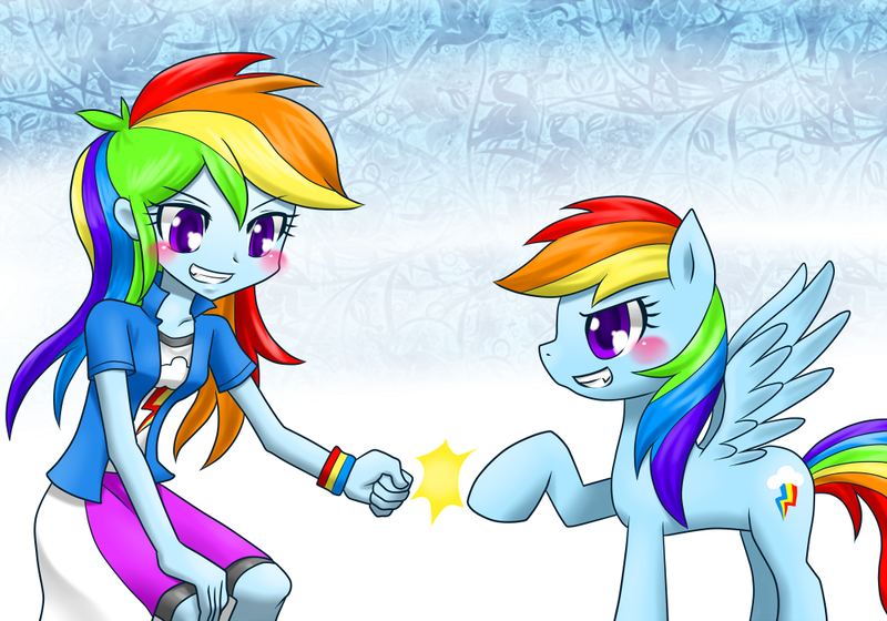 Size: 1000x700 | Tagged: safe, artist:hashioaryut, derpibooru import, rainbow dash, equestria girls, fist bump, hoofbump, human ponidox, pixiv, solo, square crossover