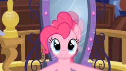 Size: 1366x768 | Tagged: safe, derpibooru import, screencap, pinkie pie, pony, equestria girls, rainbow rocks, cute, diapinkes, looking at you, magic mirror, mirror, portal, portal machine, reflection, smiling, solo