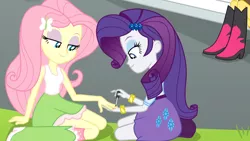 Size: 1366x768 | Tagged: safe, artist:russel-gorillazswag, derpibooru import, screencap, fluttershy, rarity, sunset shimmer, equestria girls, rainbow rocks, bedroom eyes, boots, bracelet, clothes, eyeshadow, high heel boots, jewelry, journey book, nail polish, sitting, skirt, socks