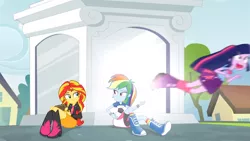 Size: 1366x768 | Tagged: safe, derpibooru import, screencap, rainbow dash, sunset shimmer, twilight sparkle, twilight sparkle (alicorn), equestria girls, rainbow rocks, book, exploitable meme, flying, football, frightened, gasp, journey book, looking at each other, meme, scared, twiscream