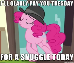 Size: 470x405 | Tagged: derpibooru import, edit, edited screencap, hat, image macro, imma snuggle you, meme, mmmystery on the friendship express, pinkie pie, popeye, safe, screencap, snuggling, wimpy