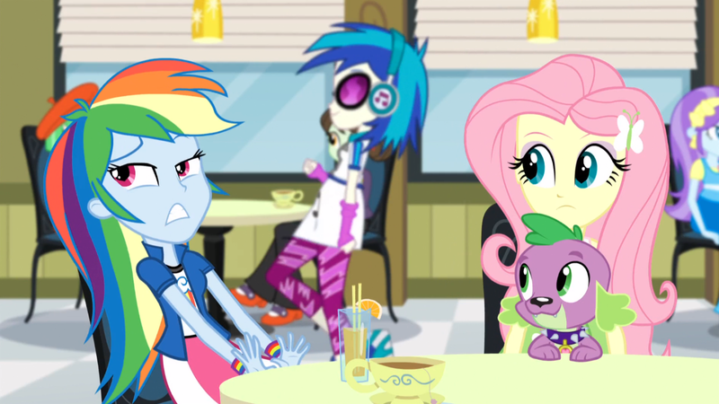 Size: 1366x768 | Tagged: safe, derpibooru import, screencap, aqua blossom, drama letter, fluttershy, rainbow dash, sophisticata, spike, vinyl scratch, watermelody, dog, equestria girls, rainbow rocks, background human, coffee, cup, drink, gritted teeth, headphones, looking up, sitting, spike the dog, spike's dog collar, walking