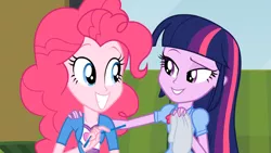 Size: 1366x768 | Tagged: safe, derpibooru import, screencap, pinkie pie, twilight sparkle, twilight sparkle (alicorn), equestria girls, rainbow rocks, couch, eyebrows, grin, holding, looking at each other, napkin, sitting, smiling, squee, straw, touch
