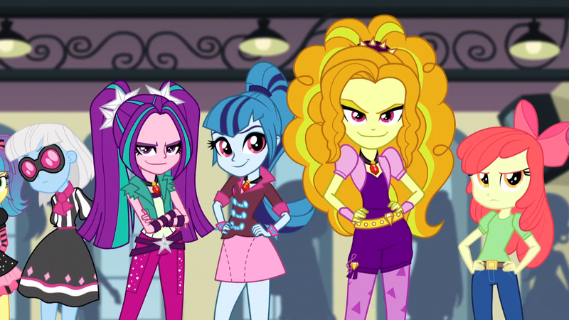 Size: 1366x768 | Tagged: safe, derpibooru import, screencap, adagio dazzle, apple bloom, aria blaze, photo finish, sonata dusk, equestria girls, rainbow rocks, background human, crossed arms, eyebrows, hips, looking at you, smiling, smirk, the dazzlings