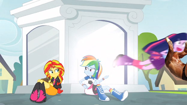 Size: 623x350 | Tagged: safe, derpibooru import, edit, edited screencap, screencap, rainbow dash, sunset shimmer, twilight sparkle, twilight sparkle (alicorn), equestria girls, rainbow rocks, book, crossover, football, gasp, journey book, looking at each other, randy orton, rko outta nowhere, wwe